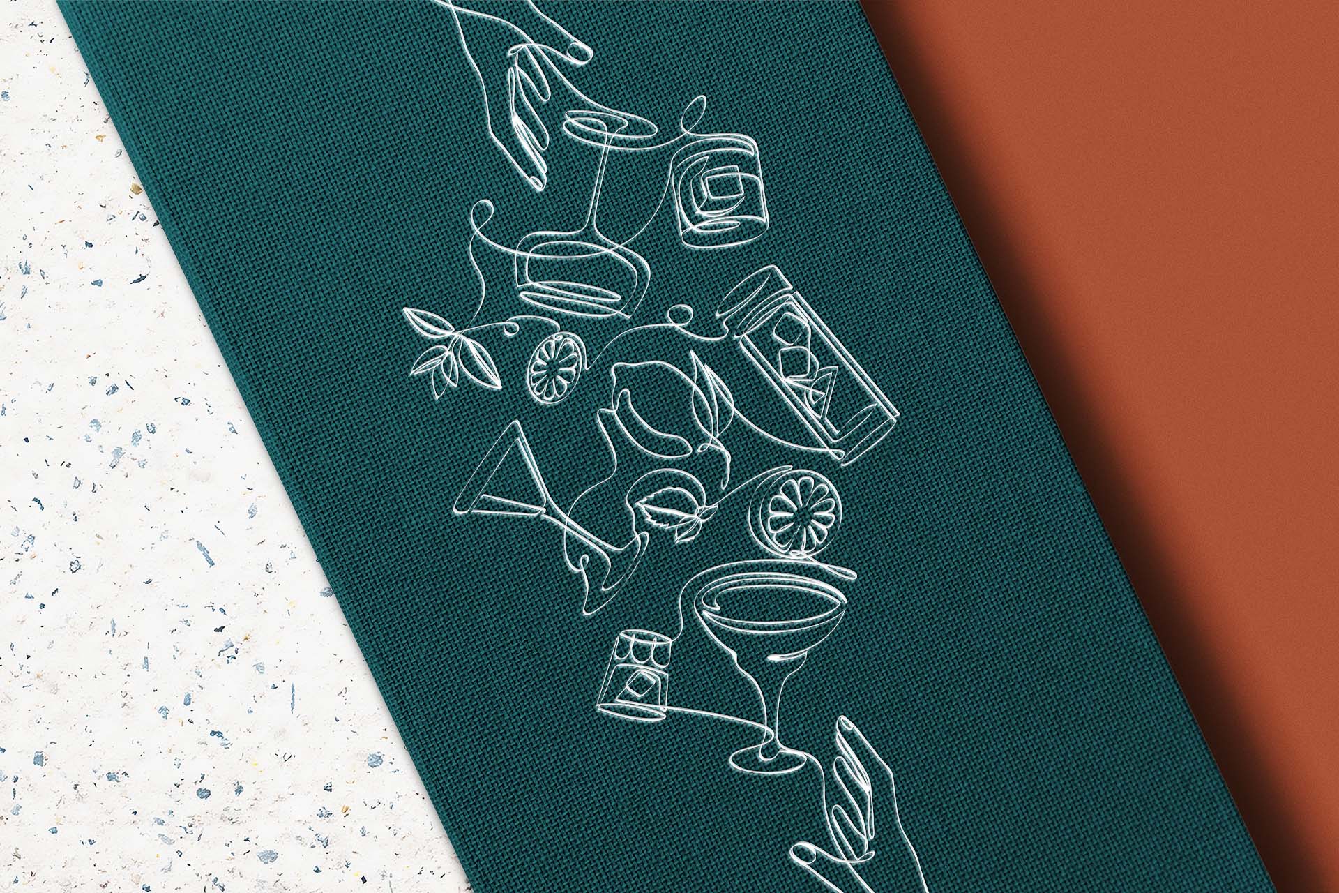 cover of elegant drinks menu of a restaurant with a continuous line illustration of drinks and cocktails