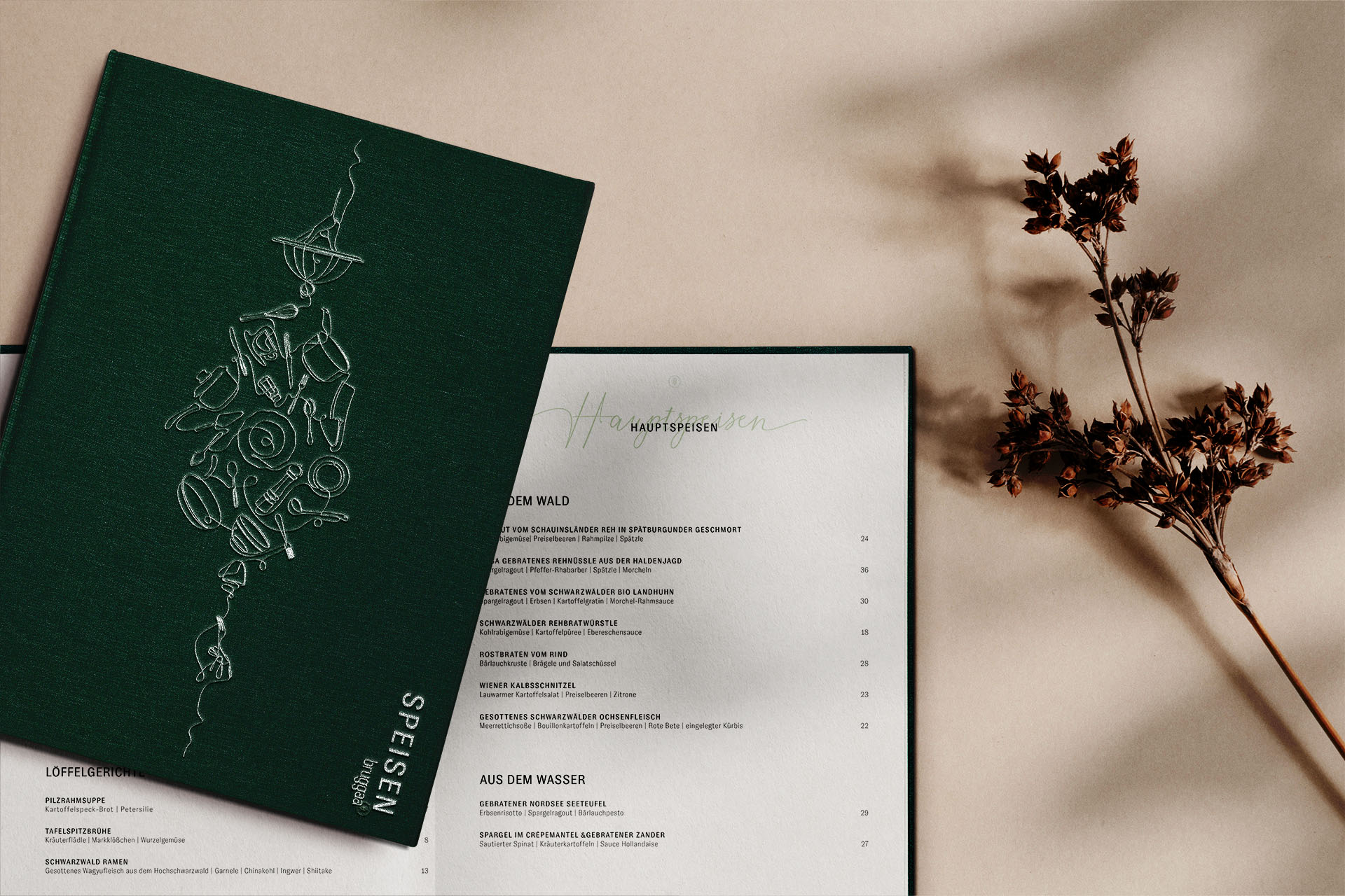elegant cover and inner pages of food menu with a continuous line illustration of food
