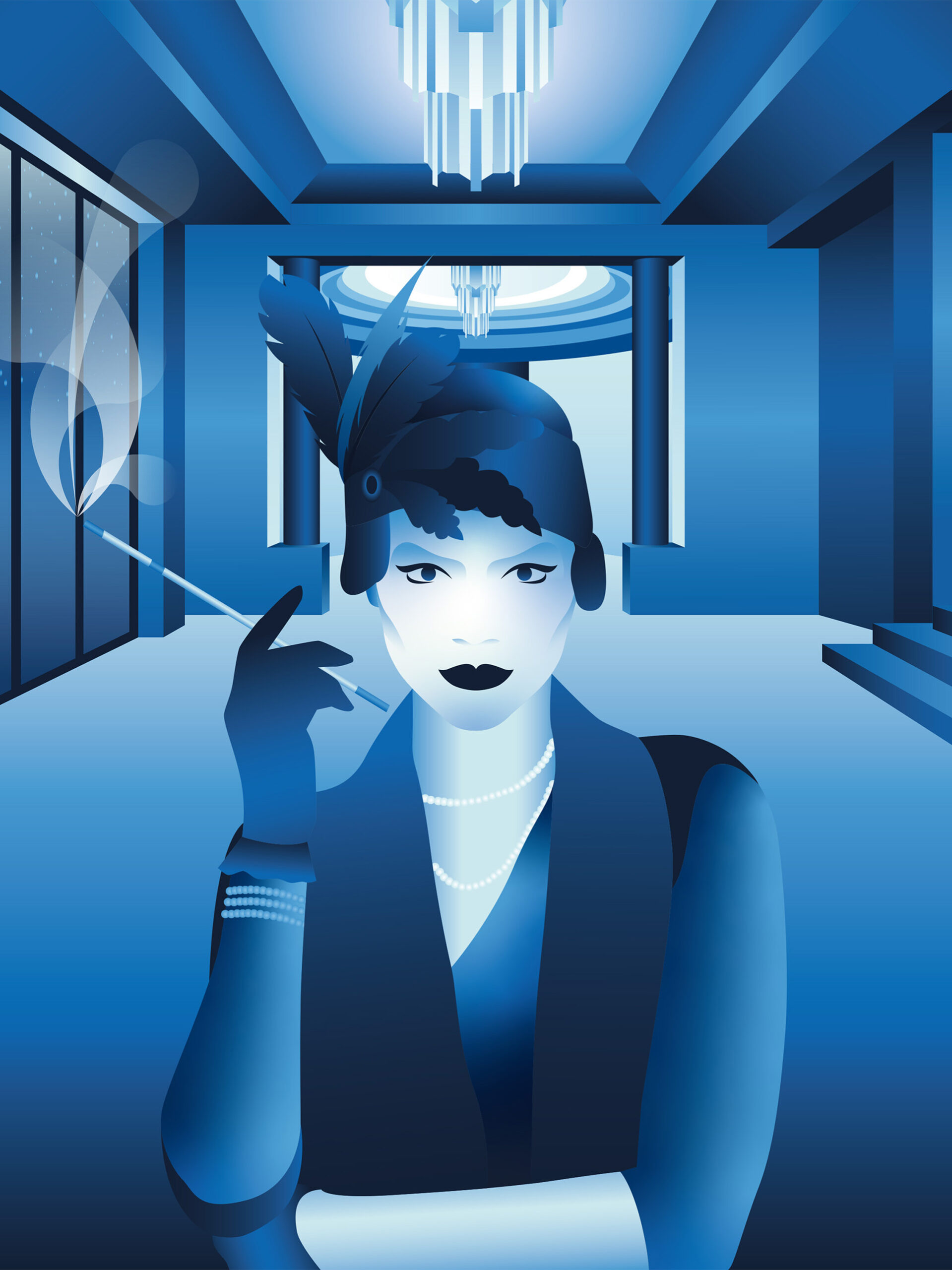 blue illustration of an art deco era woman holding a cigarette holder while standing in a lobby