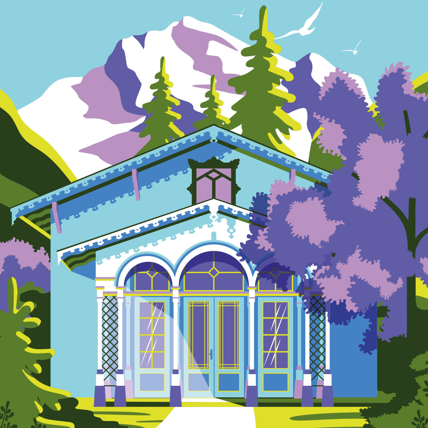 colorful and modern illustration of a chalet standing amidst trees in front of a big mountain