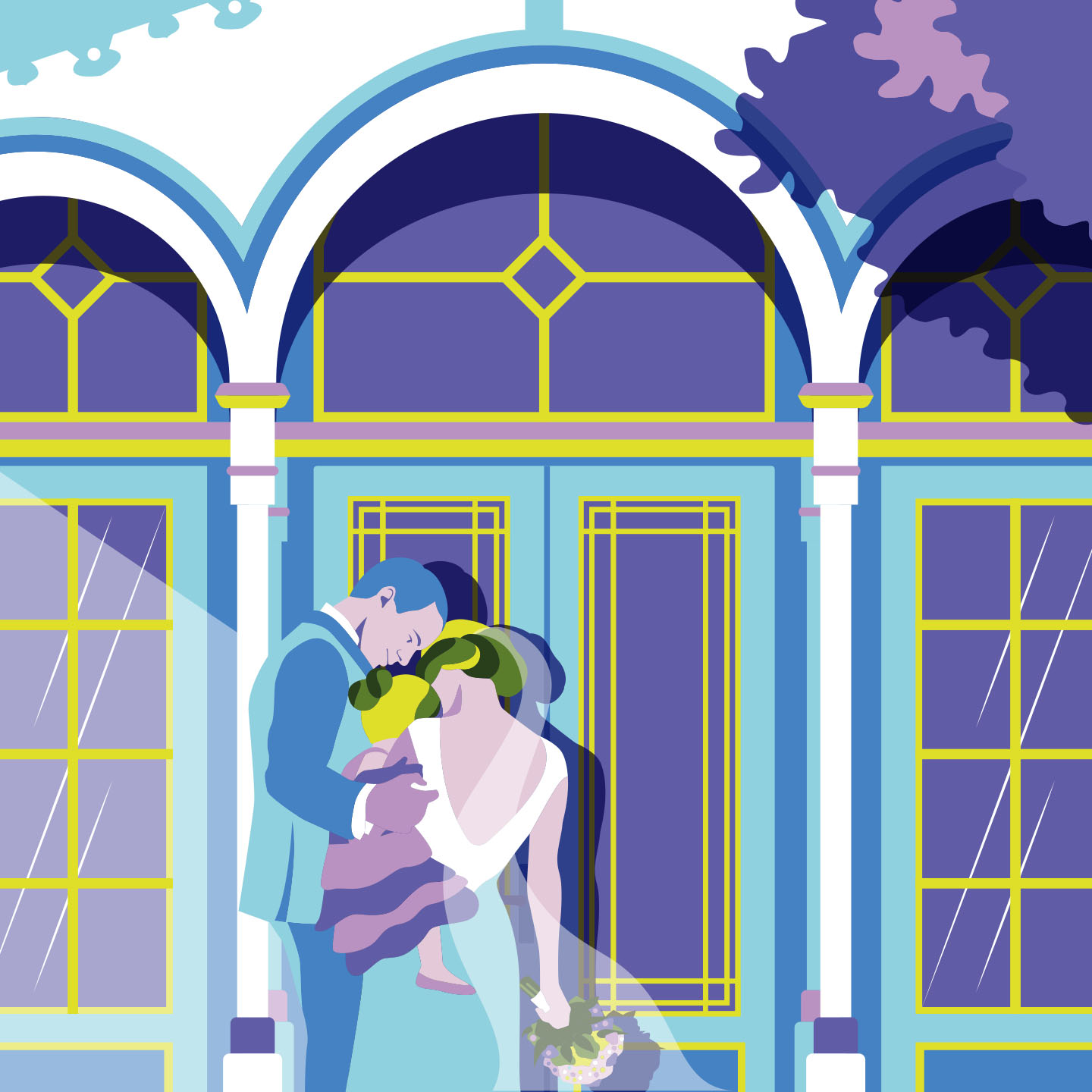 illustration of a bride and groom infront of a chalet with their toddler