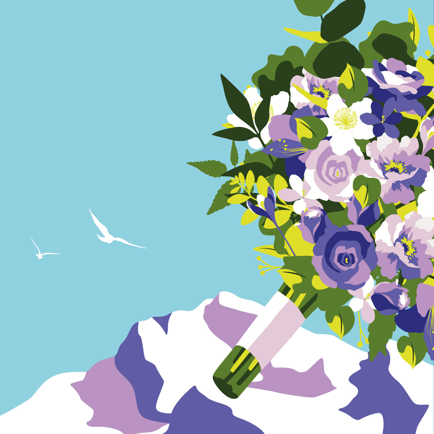 modern and colorful illustration of a wedding bouquet midair