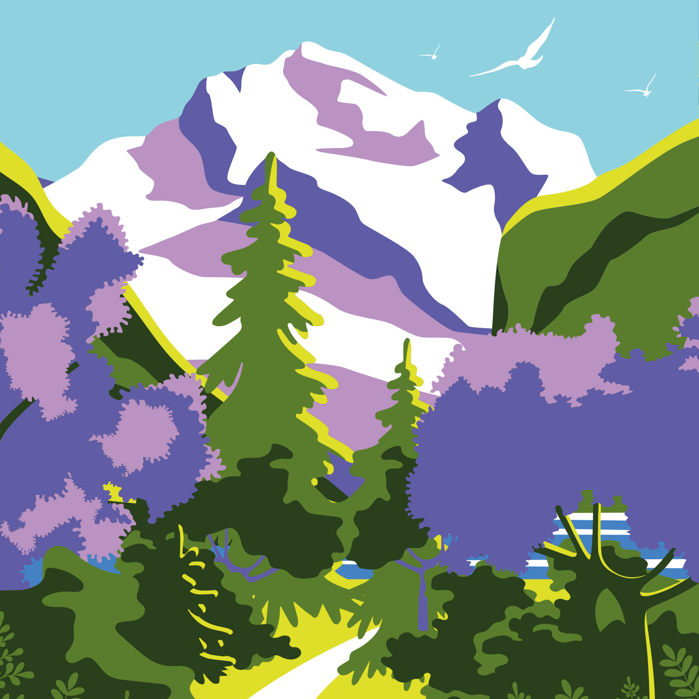 modern and colorful illustration with a mountain,, forest an lake scenery