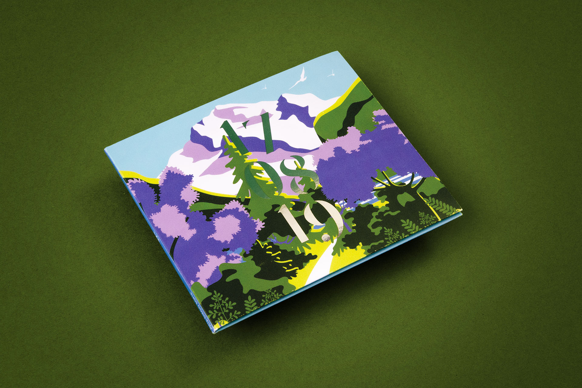 CD-case for the wedding invitation with colorful and modern illustration of a mountain scenery