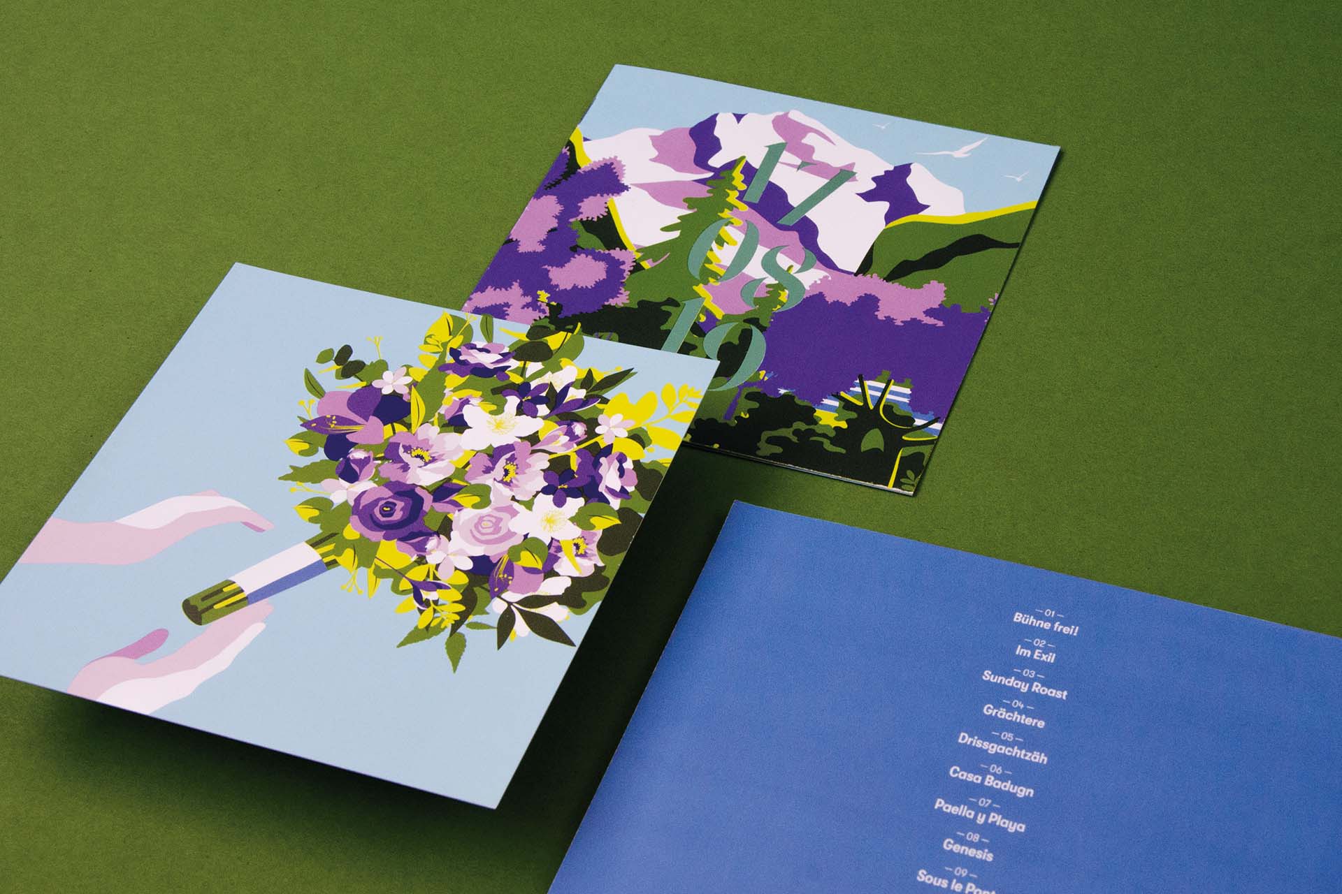 different parts of a wedding invitation with a cover, CD-case and illustrations