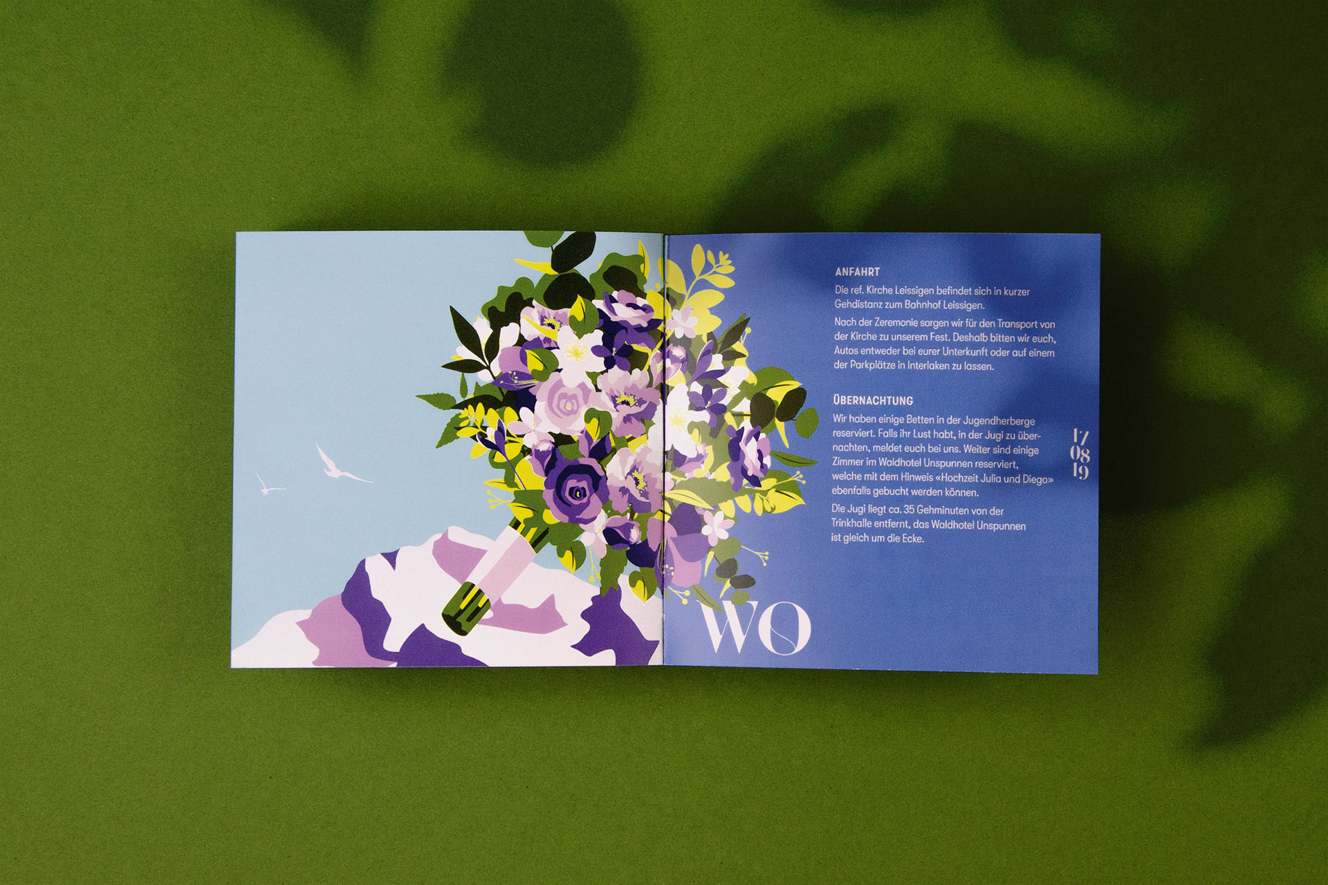 inner pages of a booklet with an illustration of a flying wedding bouquet